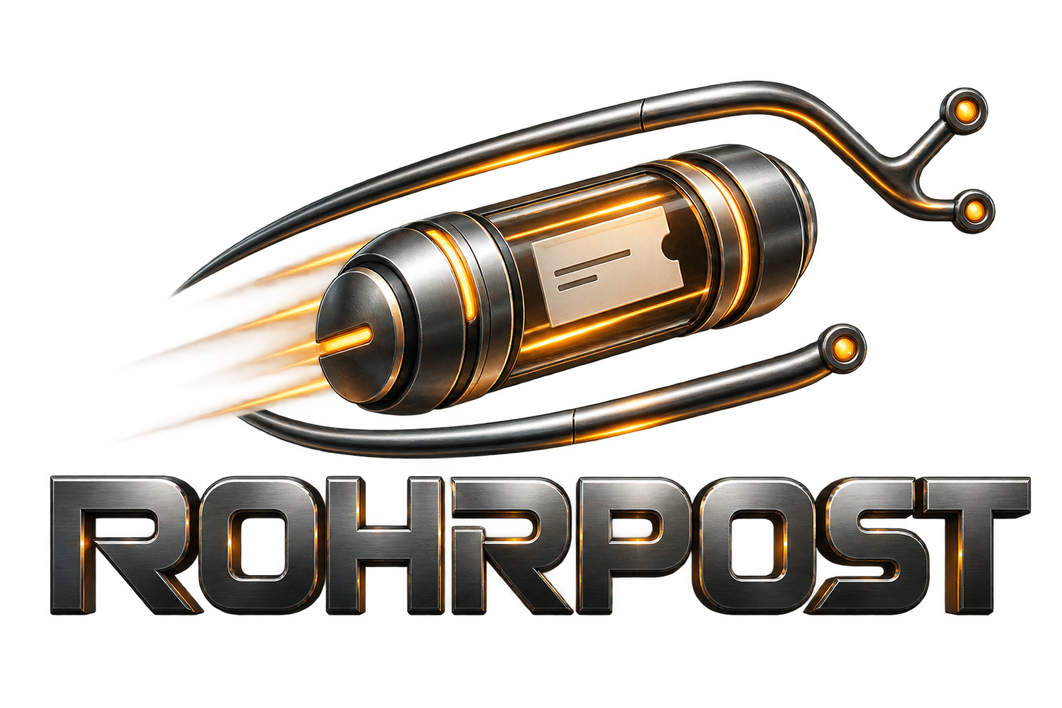 Rohrpost steel pneumatic capsule carrying a ticket, with amber illuminated tubes and wordmark